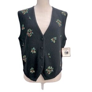 Vtg Susan Bristol Black Lambswool Angora Embroidered Beaded Holly Vest L 90s